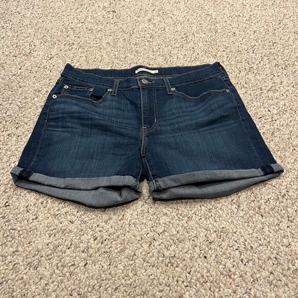 Levi's Denim Mid Length Shorts Womens Sz 31 Inseam 4 Dark Wash Cuff Stretch - Picture 1 of 9